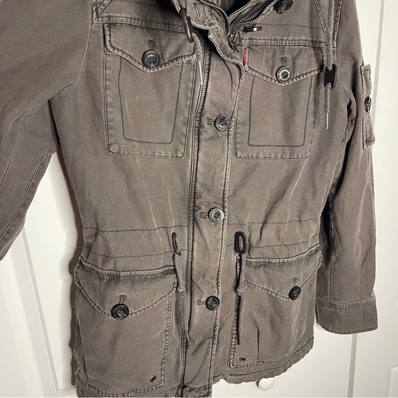 Levi’s Military Field Jacked Size Medium Grey Brown 5 Pocket Women’s Hooded - Picture 2 of 11